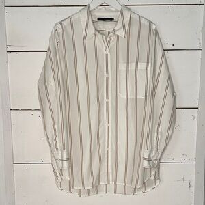 Jenni Kayne Boyfriend Khaki and White Double Striped Button Up Shirt - XL